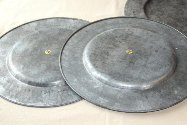 photo of vintage galvanized zinc metal charger plates, rustic country farmhouse table ware #6