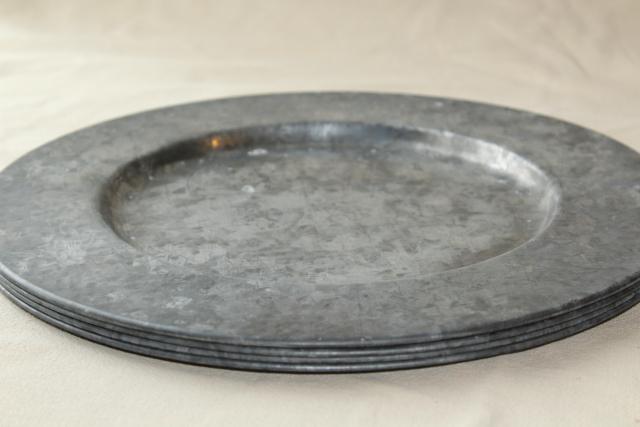 photo of vintage galvanized zinc metal charger plates, rustic country farmhouse table ware #8