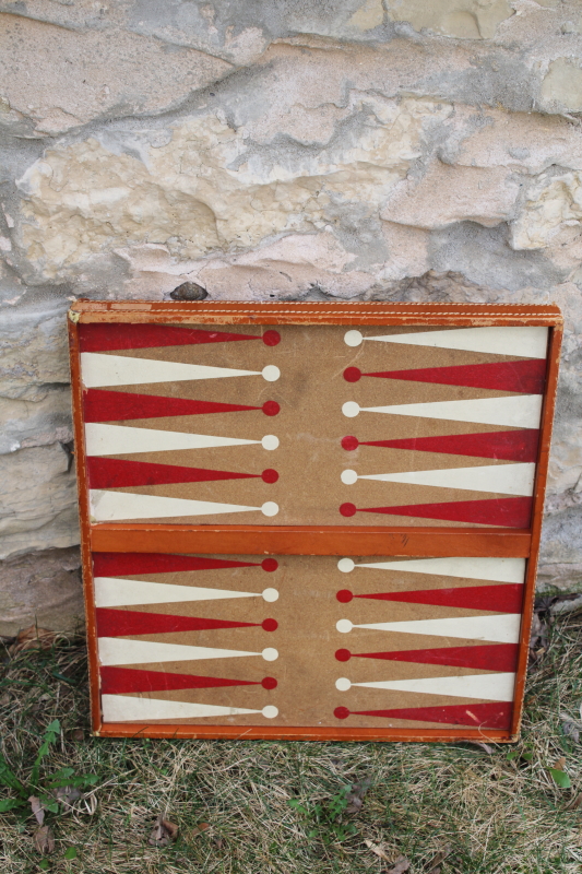 photo of vintage game board, checkerboard reversible backgammon board w/ worn club leather edge #4