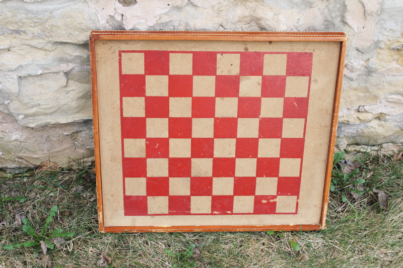 photo of vintage game board, checkerboard reversible backgammon board w/ worn club leather edge #5