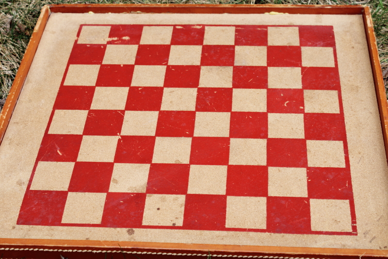 photo of vintage game board, checkerboard reversible backgammon board w/ worn club leather edge #8