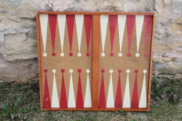 catalog photo of vintage game board, checkerboard reversible backgammon board w/ worn club leather edge