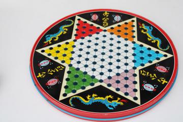 catalog photo of vintage game board, round tin Chinese Checkers / Checkerboard printed metal