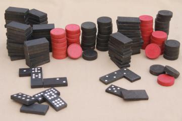 catalog photo of vintage game parts & pieces lot, wood domino tiles & worn wooden checkers