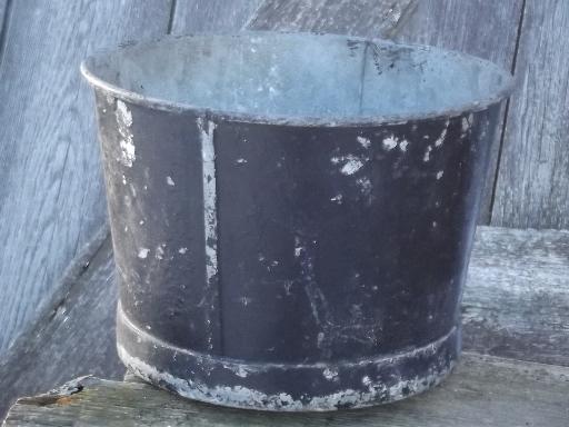 photo of vintage garden flower bucket, zinc galvanized metal w/ old black paint #1