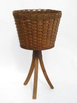 catalog photo of vintage garden, old wicker basket fern stand for jardiniere