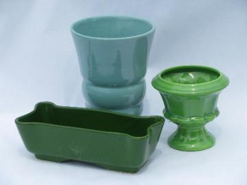 catalog photo of vintage garden pottery pots & planters, mod shapes, retro green & blue