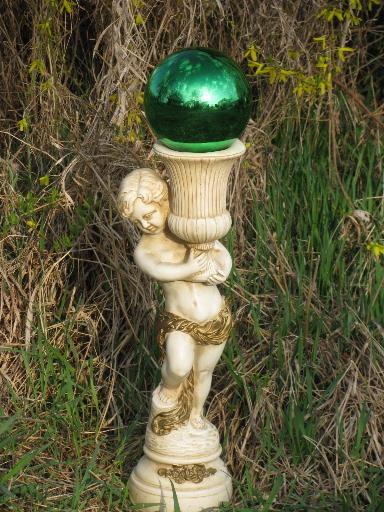 photo of vintage garden sculpture stand for gazing ball, cherub statue w/ urn #1