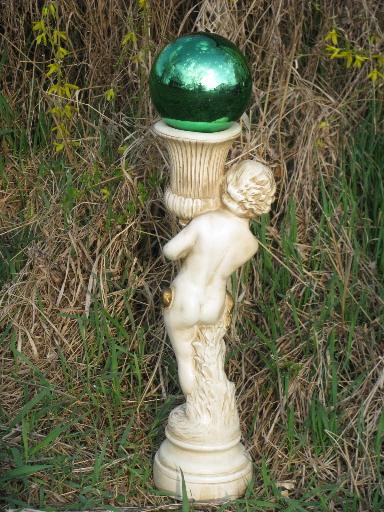 photo of vintage garden sculpture stand for gazing ball, cherub statue w/ urn #2