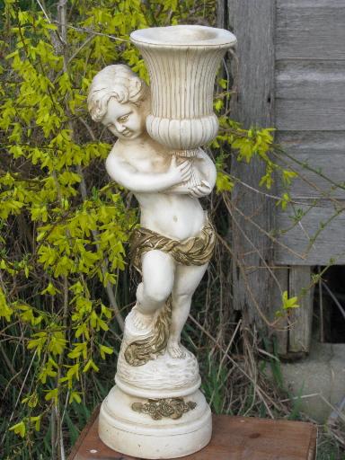 photo of vintage garden sculpture stand for gazing ball, cherub statue w/ urn #3