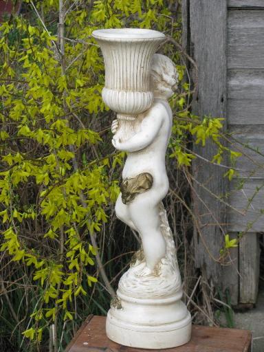 photo of vintage garden sculpture stand for gazing ball, cherub statue w/ urn #4