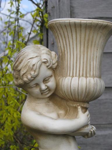 photo of vintage garden sculpture stand for gazing ball, cherub statue w/ urn #5