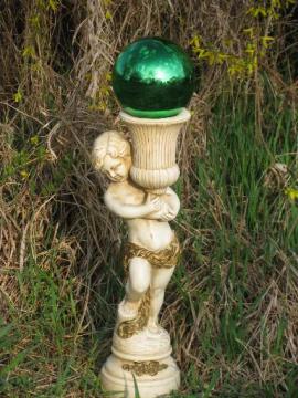 catalog photo of vintage garden sculpture stand for gazing ball, cherub statue w/ urn