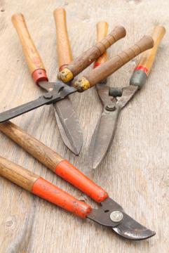 catalog photo of vintage garden tools, grass shears, clippers, pruning loppers w/ old wood handles 