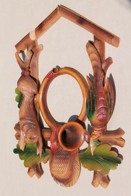 photo of vintage german cuckoo clock parts, carved hunter top  w/ deer, rabbit & bird carvings #3