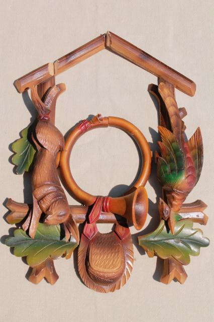 photo of vintage german cuckoo clock parts, carved hunter top  w/ deer, rabbit & bird carvings #4