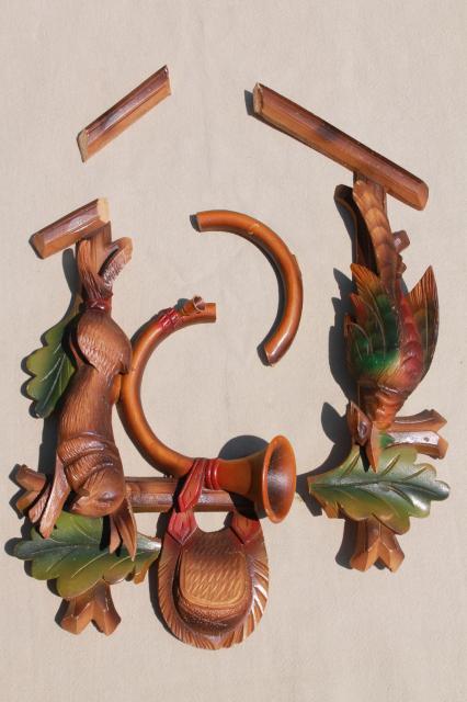 photo of vintage german cuckoo clock parts, carved hunter top  w/ deer, rabbit & bird carvings #5