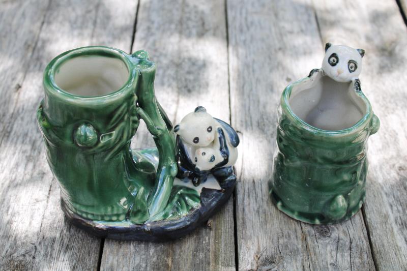 photo of vintage giant pandas pottery vases or brush holders made in China, panda bears in bamboo #1