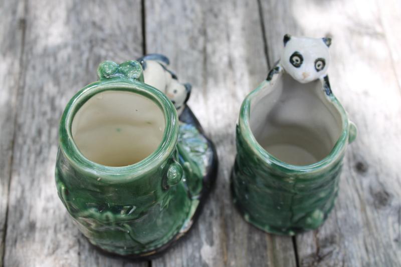 photo of vintage giant pandas pottery vases or brush holders made in China, panda bears in bamboo #5