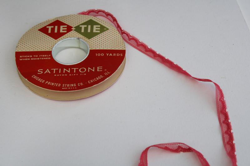 photo of vintage gift wrap package tying ribbon & narrow lace, watermelon pink & green #1