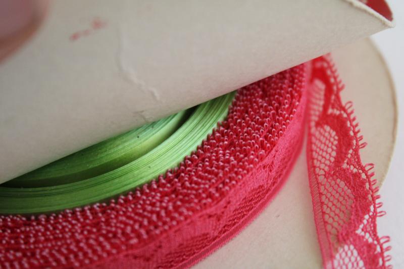 photo of vintage gift wrap package tying ribbon & narrow lace, watermelon pink & green #4