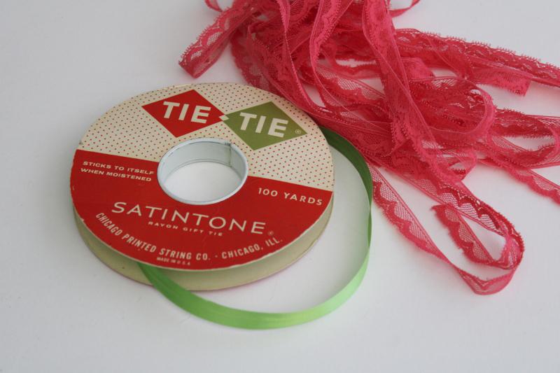 photo of vintage gift wrap package tying ribbon & narrow lace, watermelon pink & green #8