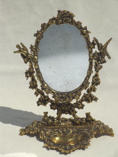 photo of vintage gilt brass mirror vanity stand, ornate fairy tale gold oval frame #1