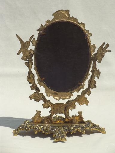 photo of vintage gilt brass mirror vanity stand, ornate fairy tale gold oval frame #3