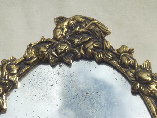 photo of vintage gilt brass mirror vanity stand, ornate fairy tale gold oval frame #4
