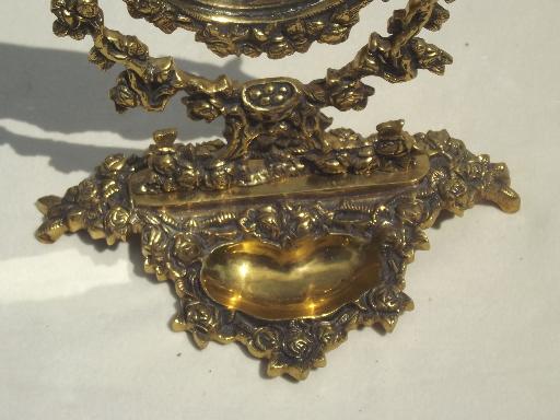photo of vintage gilt brass mirror vanity stand, ornate fairy tale gold oval frame #6