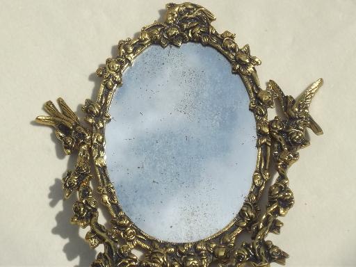 photo of vintage gilt brass mirror vanity stand, ornate fairy tale gold oval frame #7
