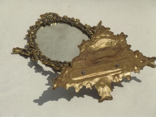 photo of vintage gilt brass mirror vanity stand, ornate fairy tale gold oval frame #9