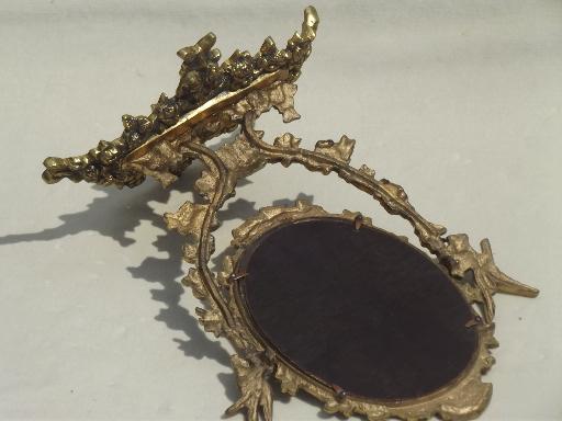photo of vintage gilt brass mirror vanity stand, ornate fairy tale gold oval frame #10