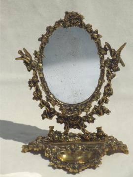 catalog photo of vintage gilt brass mirror vanity stand, ornate fairy tale gold oval frame