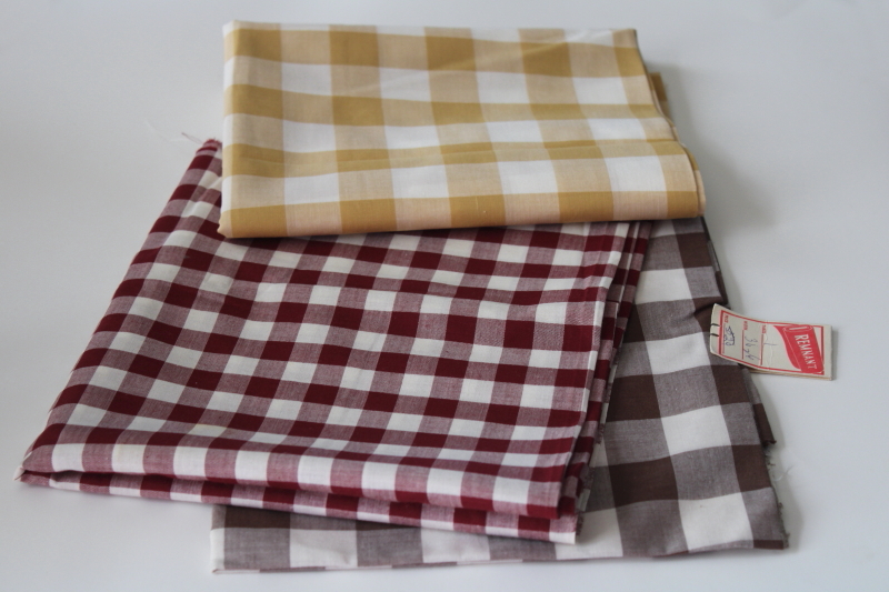photo of vintage gingham fabric, woven large checks checkered cotton, primitive colors brown gold burgundy #1
