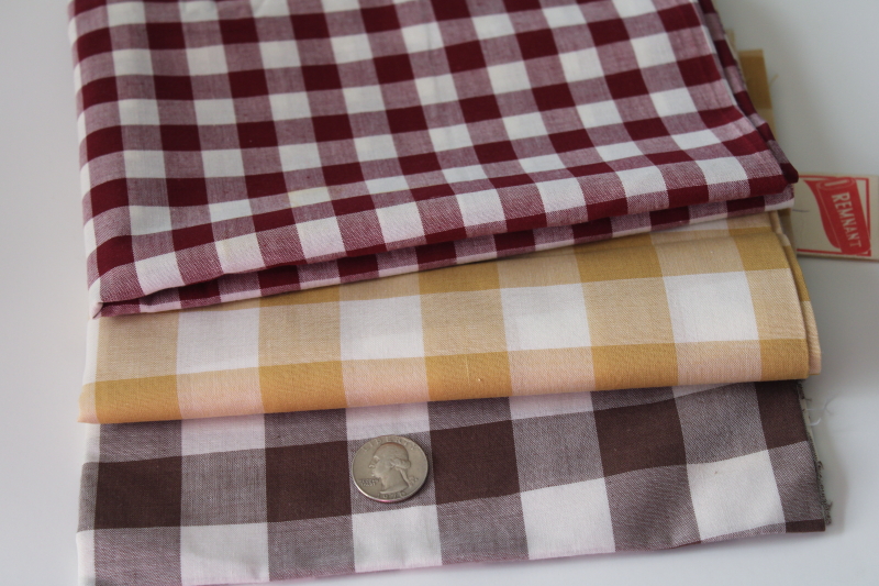 photo of vintage gingham fabric, woven large checks checkered cotton, primitive colors brown gold burgundy #2