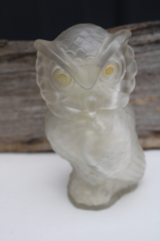 photo of vintage glass Avon bottle, spooky owl figurine clear frosted glass #1