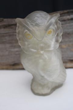 catalog photo of vintage glass Avon bottle, spooky owl figurine clear frosted glass 