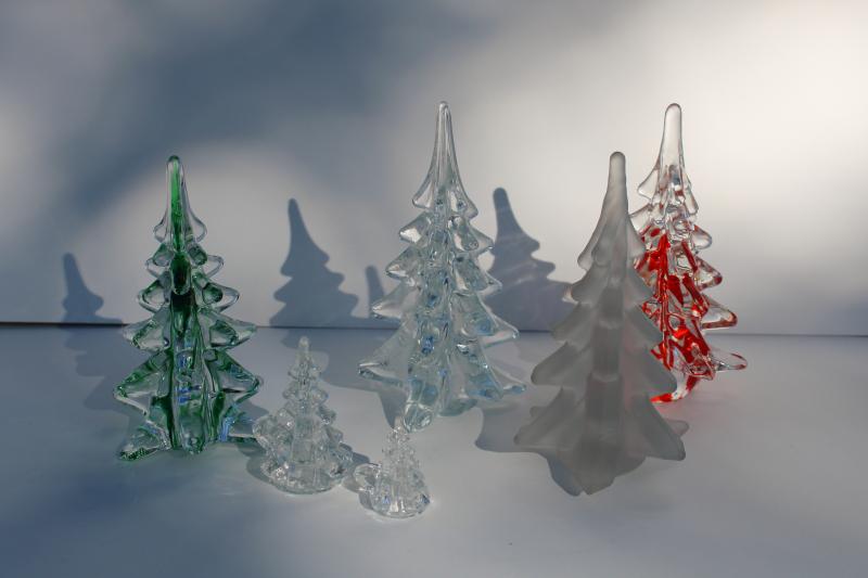 photo of vintage glass Christmas trees, green & red art glass, frosted & clear crystal #1