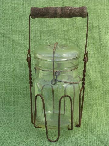 photo of vintage glass bail lid fruit jar in old wirework carrier rack w/ wood handle #1