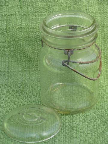 photo of vintage glass bail lid fruit jar in old wirework carrier rack w/ wood handle #4