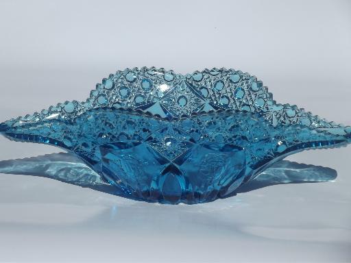 photo of vintage glass banana boat / banana bowl, button & rose pattern glass in blue #1