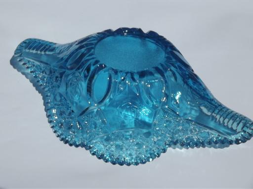 photo of vintage glass banana boat / banana bowl, button & rose pattern glass in blue #4