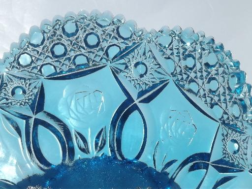 photo of vintage glass banana boat / banana bowl, button & rose pattern glass in blue #6