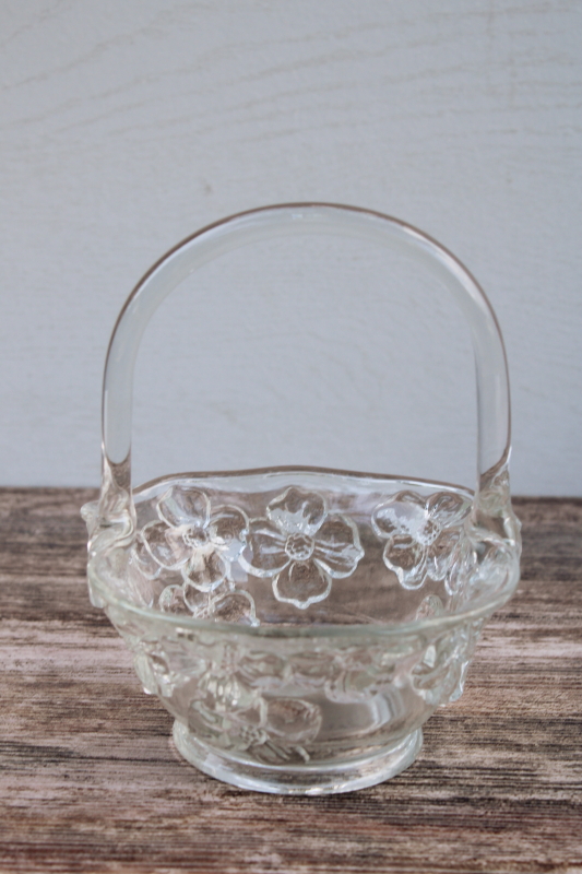 photo of vintage glass basket, dogwood floral Tiara Indiana glass, crystal clear brides basket #1