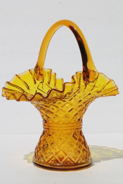 photo of vintage glass basket flower vase, diamond thumbprint block waffle pattern glass in amber golden yellow  #1