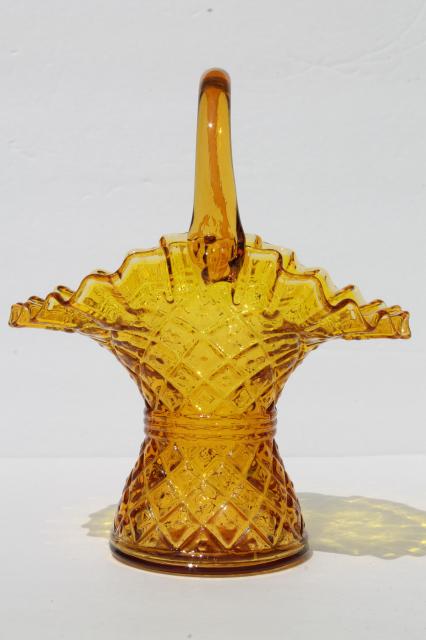 photo of vintage glass basket flower vase, diamond thumbprint block waffle pattern glass in amber golden yellow  #2