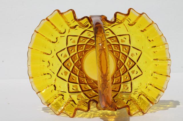 photo of vintage glass basket flower vase, diamond thumbprint block waffle pattern glass in amber golden yellow  #5