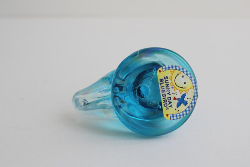 photo of vintage glass bluebird of happiness, Sunny Day label iridescent blue glass bird #2