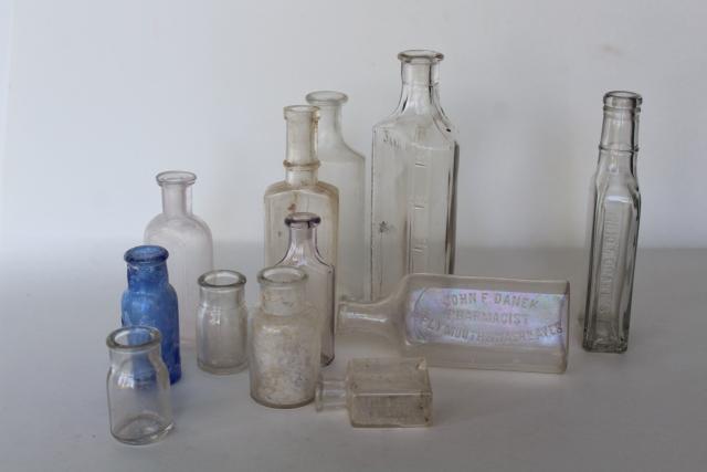 photo of vintage glass bottle collection, as found old drugstore medicine pharmacy bottles #1